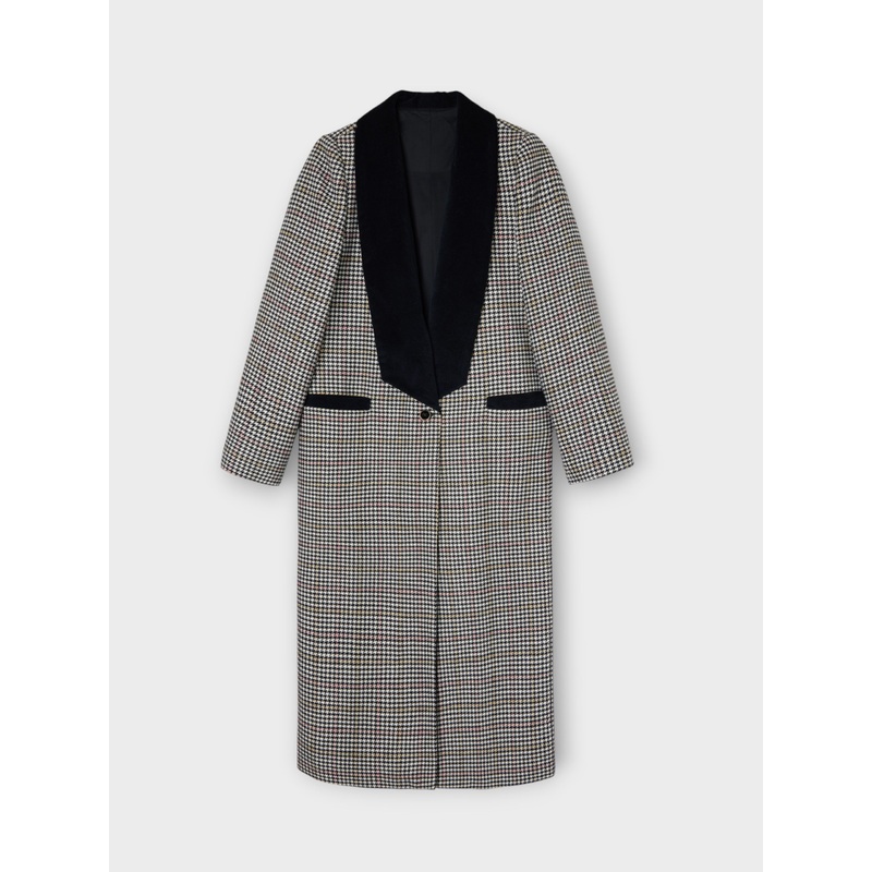 Abrigo largo solapa cuadros crudo y negro