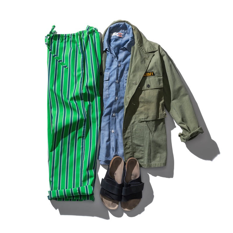COTTON STRIPE REGULAR PANTS / Green