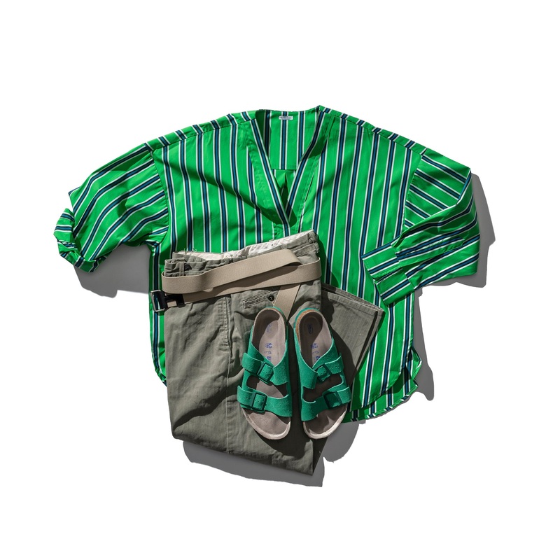 COTTON STRIPE SHIRT / V NECK|M|Blue|White|Green