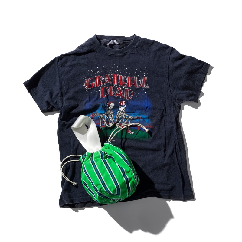 SHIRT FABRIC DRAWSTRING BAG / Green Stripe