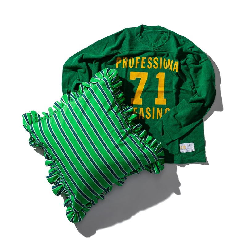 SHIRT FABRIC RUFFLE CUSHION COVER / Green Stripe