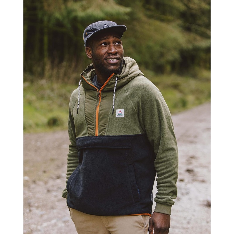 Woodland Hooded 1/2 Zip Recycled Polar Fleece – True Black/ Khaki